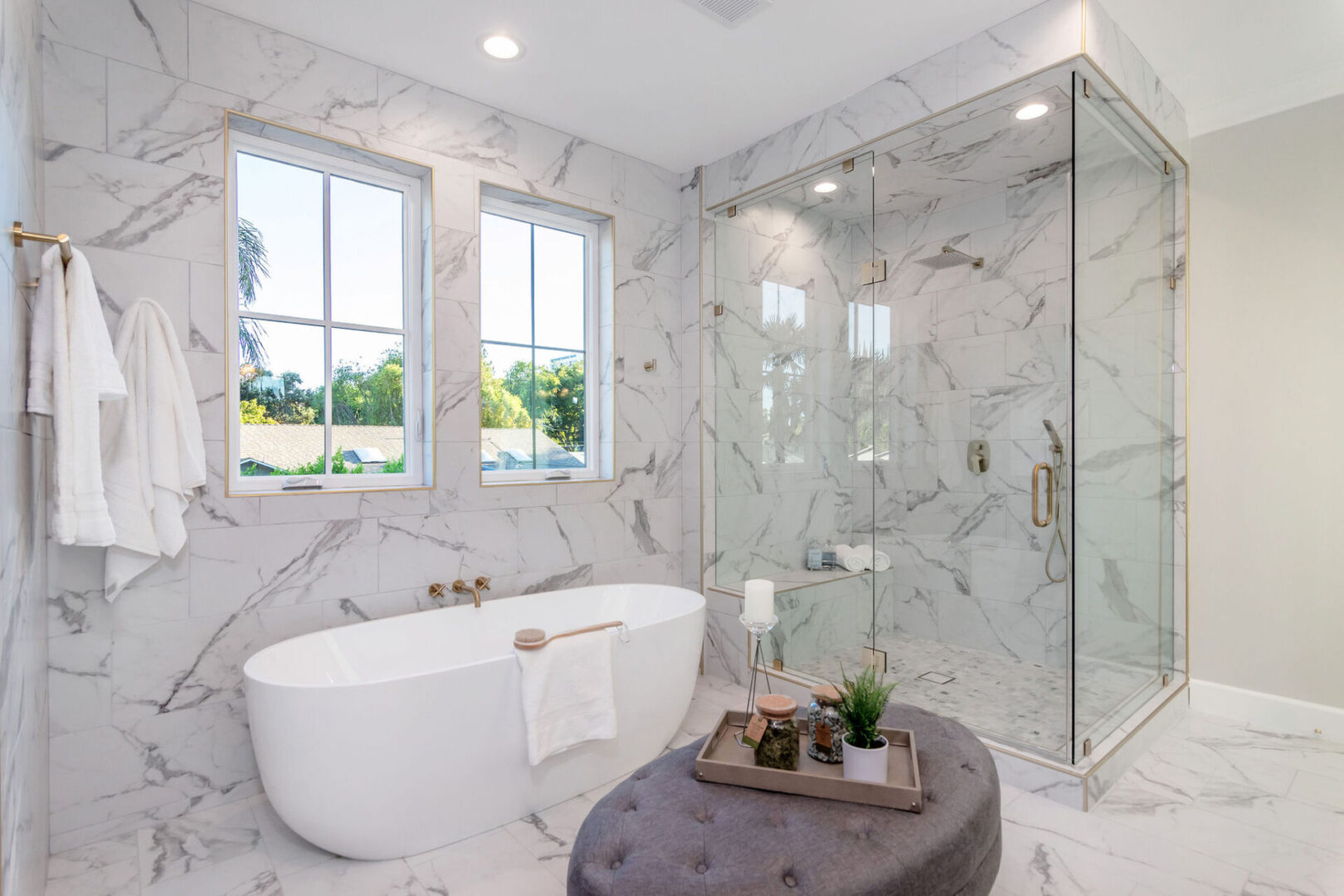 Beautiful Bathtub and Shower Area With Glass Doors